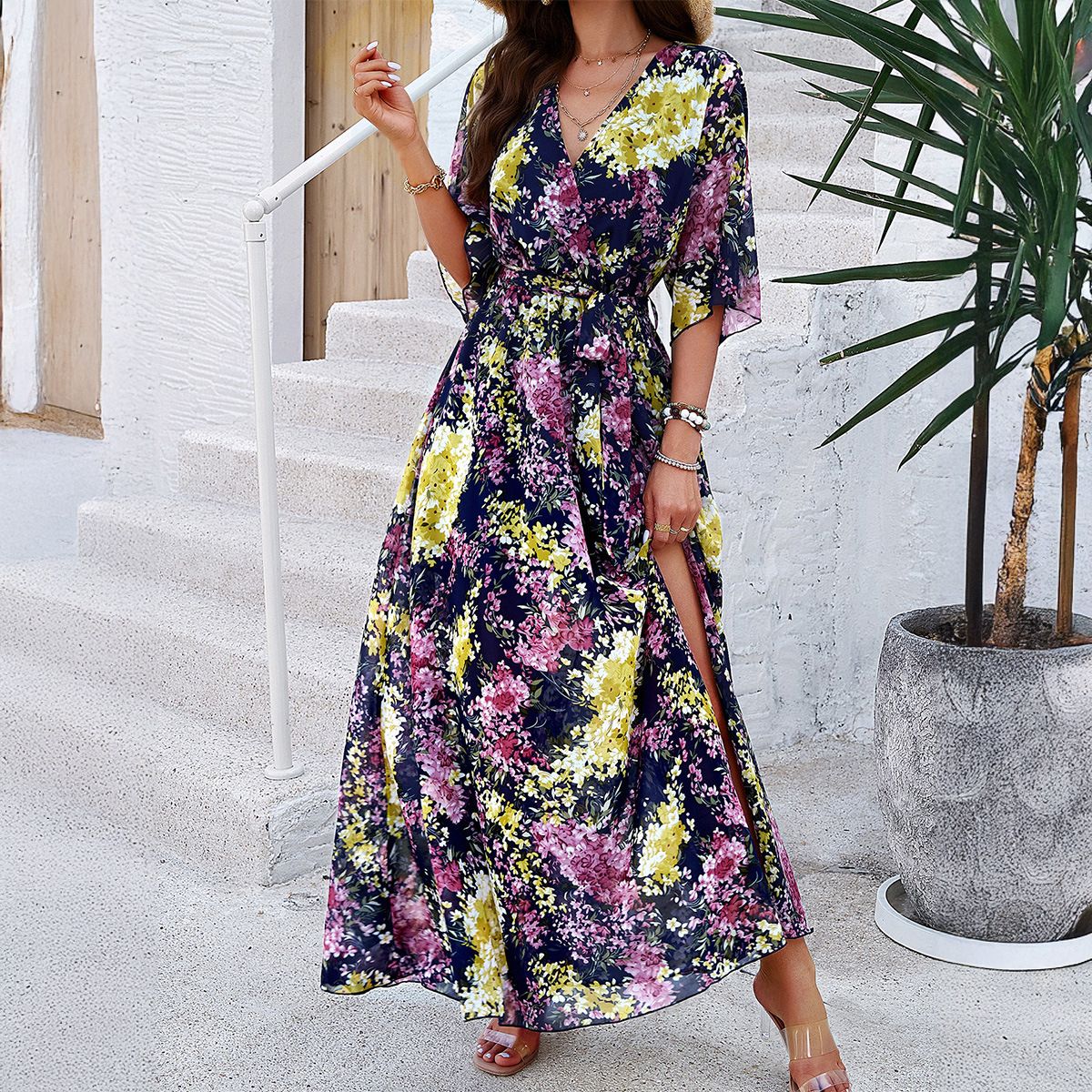 Women's Clothing Fashion Temperament Elegant Holiday Print Strappy Long Skirt Dress Women's Clothing Spring And Summer_ecoleips.com