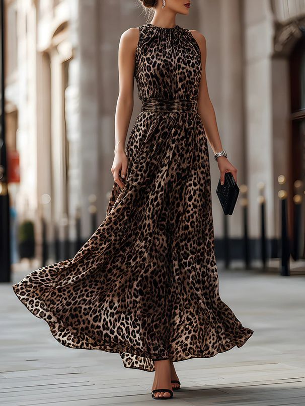 Elegant Leopard Print Sleeveless Maxi Dress For Women, Flowy A-Line Silhouette With Waist Definition For Chic Casual & Office Wear_ecoleips.com