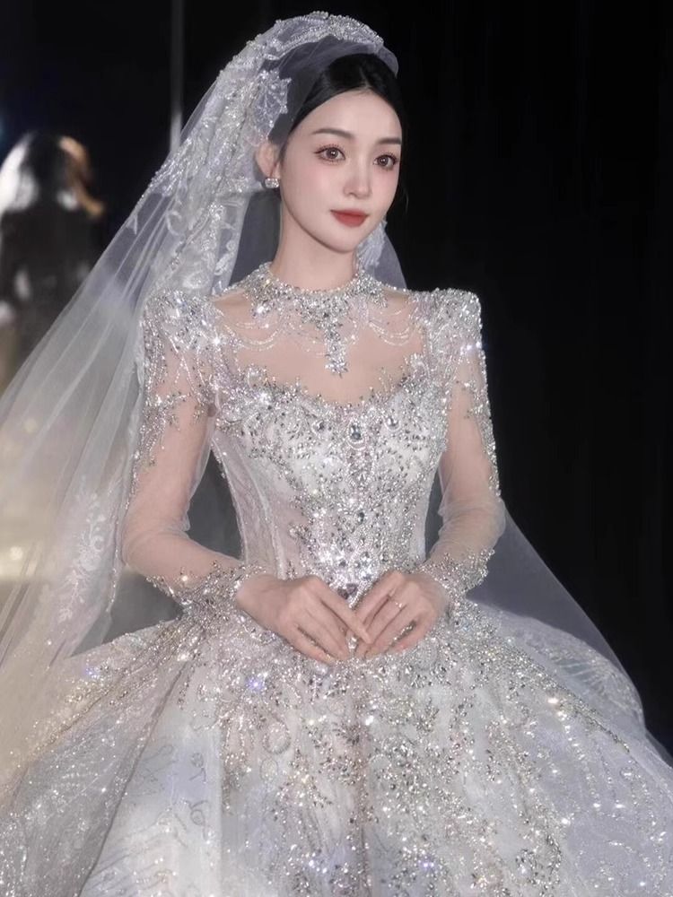 Lace Long Sleeve Wedding Dress – A-Line High Waist Bridal Gown With Princess Sleeves, Elegant Chapel/Trumpet Train (XS-XXL)_ecoleips.com