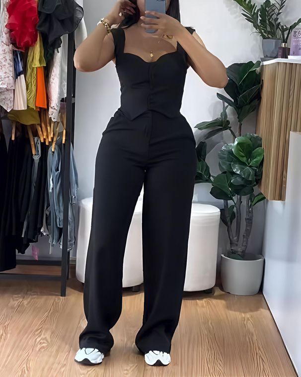 Women's Clothing Solid Color Casual Sling Tight Suit High Waist Wide Leg Trousers Suit_ecoleips.com