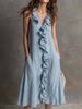 Women's Solid Color V Neck Dress Sleeveless Cotton Linen Full Skirt Ruffle Spring Summer New Style in Stock_ecoleips.com