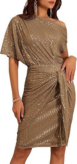 Women's Clothing Ladies Trimmed Shiny Glitter Party Club Dress One Shoulder Pleated Toast Dress Fashion_ecoleips.com