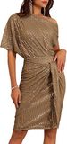 European And American Cross-Border Women's Party Club One-Shoulder Ribbon Toast Fashion Trendy Mesh Sequin Dress_ecoleips.com