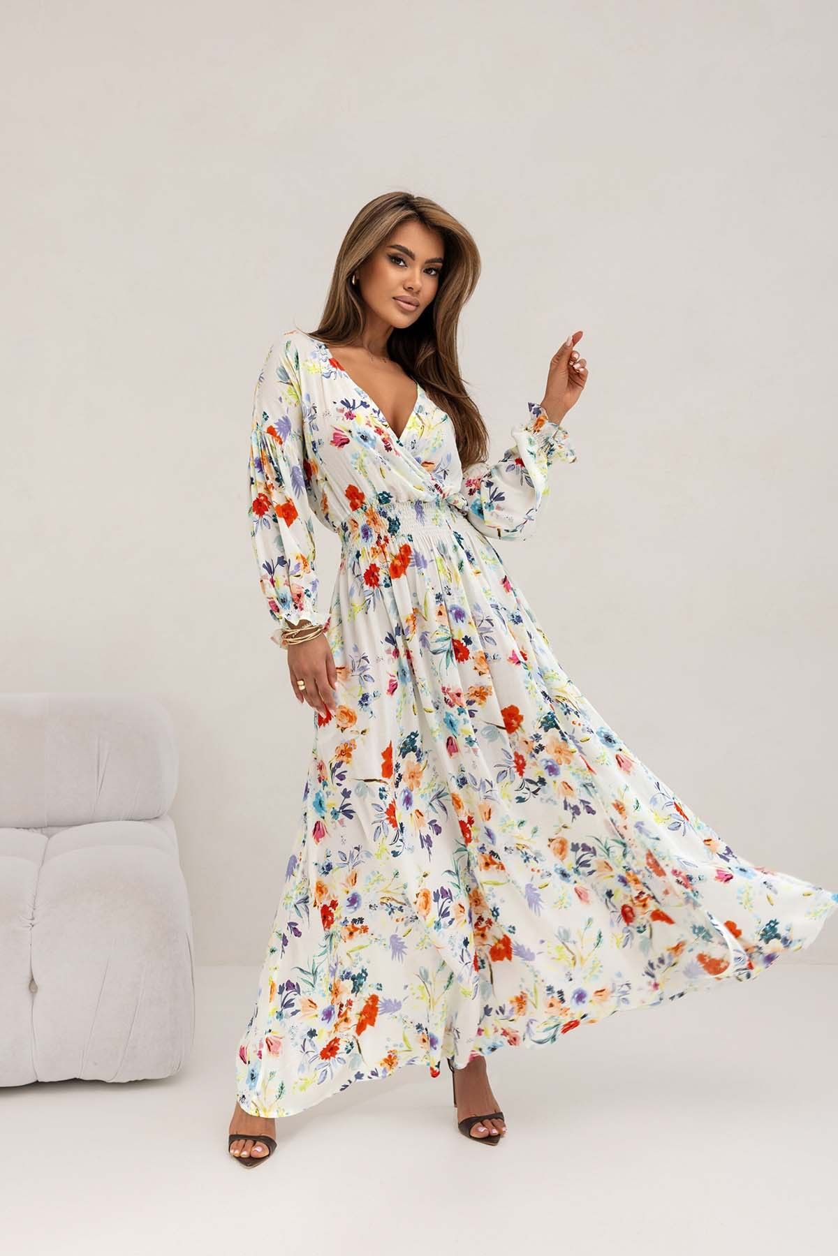 Women's V-Neck Long Sleeve Printed Dress – Sexy Slit Design, Elegant & Stylish Elevate Your Style With This Stunning V-Neck Dress_ecoleips.com