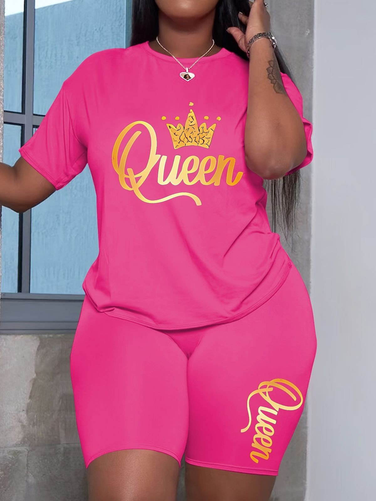 Queen Letter Print 3d Crown Design Women's Casual Top Set - Stylish Streetwear Outfit For Plus Size Fashion (L-4xl)_ecoleips.com