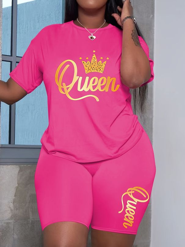 Queen Letter Print 3d Crown Design Women's Casual Top Set - Stylish Streetwear Outfit For Plus Size Fashion (L-4xl)_ecoleips.com