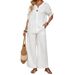 Women's Casual Fashion Suit V-Neck Single Button Loose Long Sleeve Top And Wide Leg Pants Two-Piece Set for Summer_ecoleips.com