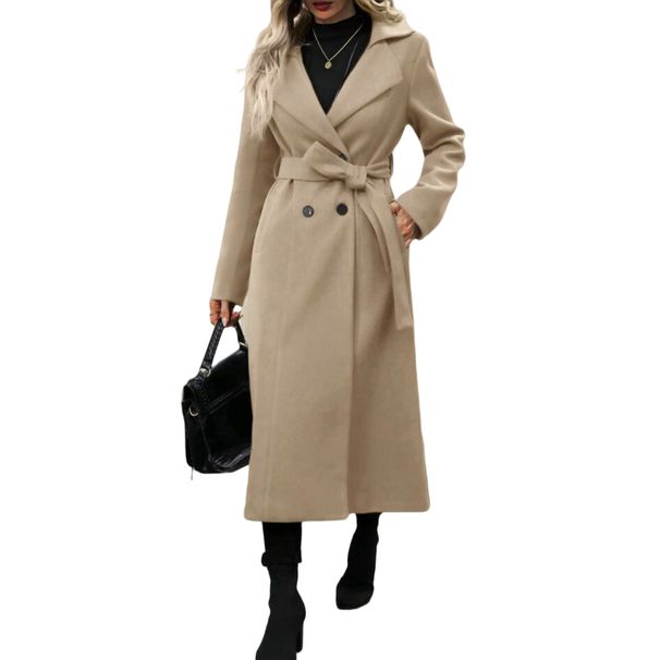 Elegant Double-Breasted Long Trench Coat For Women - Wool Blend, Loose Fit, Notched Collar, Plaid & Solid Colors, S-XXL"_ecoleips.com