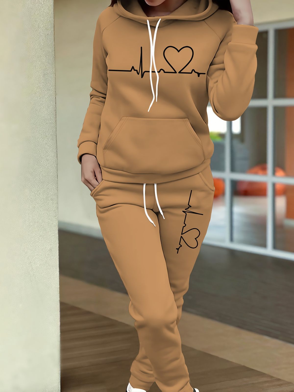Women's Fleece Tracksuit Set Casual Loungewear Long Sleeve Hoodie And Joggers with Heart Print Comfortable plus Size Home Clothes_ecoleips.com