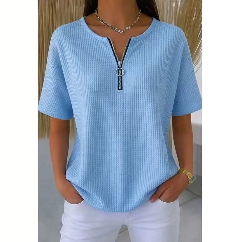 Women's Summer Waffle T Shirts Half Zip Short Sleeved Commuter Tops Casual Fashion Ladies' Clothing_ecoleips.com