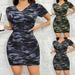 Women's Clothing New Fashion Casual Camouflage Print Short Sleeved V Neck Slim Dress_ecoleips.com