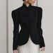 French-Inspired Black Blazer With Stand Collar – Elegant Bubble Sleeve Jacket For Work & Evening (S/M/L)_ecoleips.com