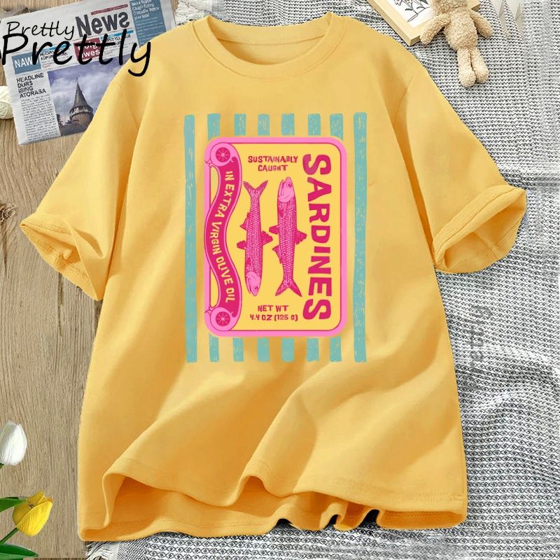 Sardines Graphic T-Shirt Retro Foodie Tee Tinned Fish Print T Shirt Coastal Summer Tee Fisherman Aesthetic Tee Woman Clothing_ecoleips.com