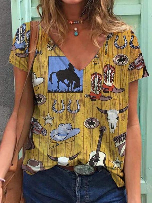 Women's Retro Western Cowboy Print V Neck Short Sleeve T-Shirt European American Style Top_ecoleips.com