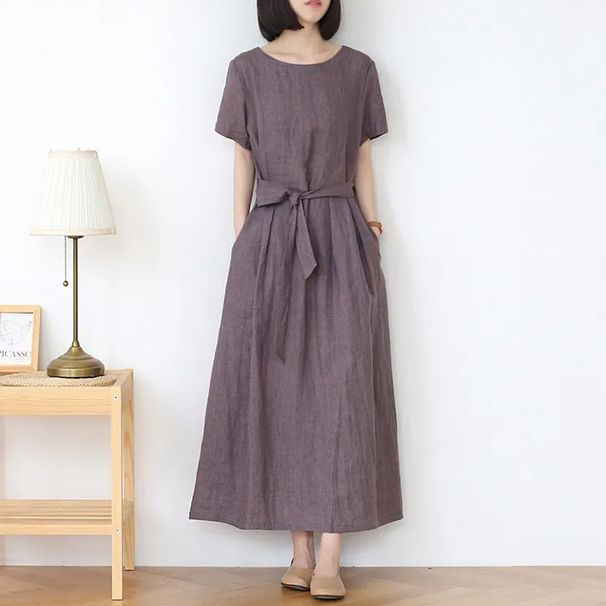 Round-Neck Short-Sleeved Summer Cotton And Linen Dress For Women, Retro Loose Solid Color Artistic Dress, Fashionable Ti_ecoleips.com
