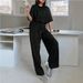 Women's Shimmering Silver Sequined Casual Set Minimalist Style Two Piece Outfit with Drawstring Wide Leg Pants And Short Sleeves Black_ecoleips.com