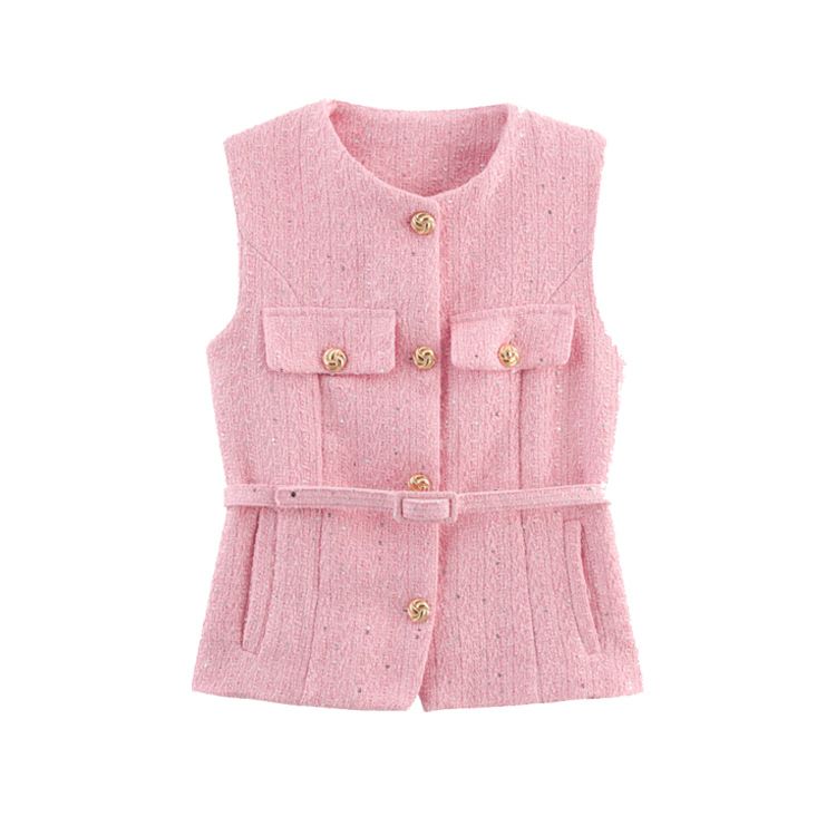 Women's Casual Versatile Vest Spring Fashion Style With Metal Buckle Belt Punk Texture Top_ecoleips.com