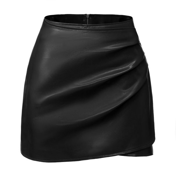 K Women's PU Half Body Skirt Pants With Irregular Pleats, High Waisted Zipper, High-quality Sexy Leather Skirt Pants_ecoleips.com