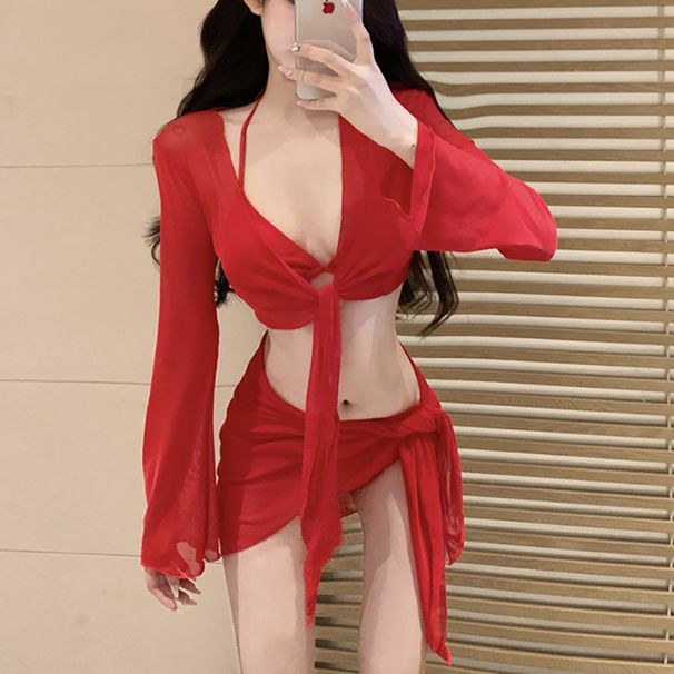 Women's Clothing Mosricci Pure Red Sexy Bikini Long Sleeved Swimsuit Four Piece Set For Vacation_ecoleips.com