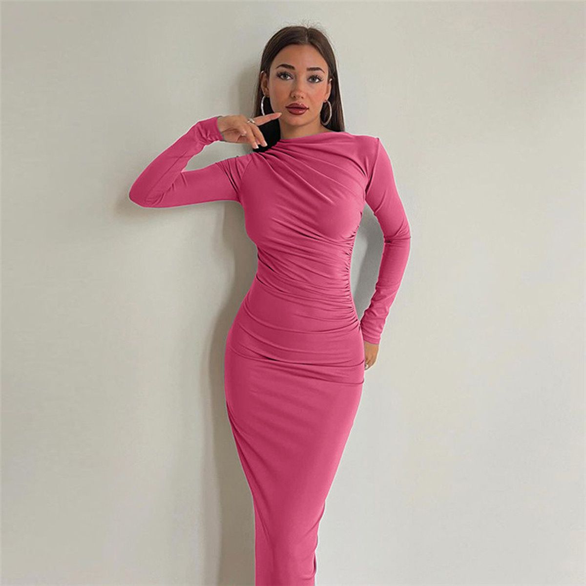 Women's Clothing Spring And Autumn New Slimming High End Pure Color Temperament Long Hip Wrapped Dress Women_ecoleips.com
