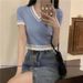 Spring/Summer Women's Slim Fit High Waisted Knit T-Shirt Short Sleeve Color Block French Style Sweet And Spicy Top_ecoleips.com