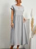 Women's Clothing Style Solid Color Cotton Linen Dress Round Neck Short Sleeved Loose Fit Pockets Ruched Details_ecoleips.com