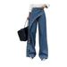 Women's Clothing Women's Casual Denim Pants Straight Leg Wide Leg Pants Irregular Butt Flap Eyelet Solid Color_ecoleips.com