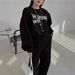 Korean Chic Winter Set – Oversized Letter Print Sweatshirt & High-Waist Drawstring Pants (XL, Charcoal Grey)_ecoleips.com