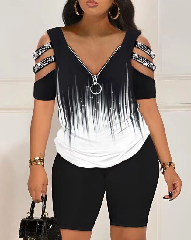 Women's Clothing Fashion Positioning Printed Short Sleeve Women's Casual V neck Zipper Top Shorts Two piece Set_ecoleips.com