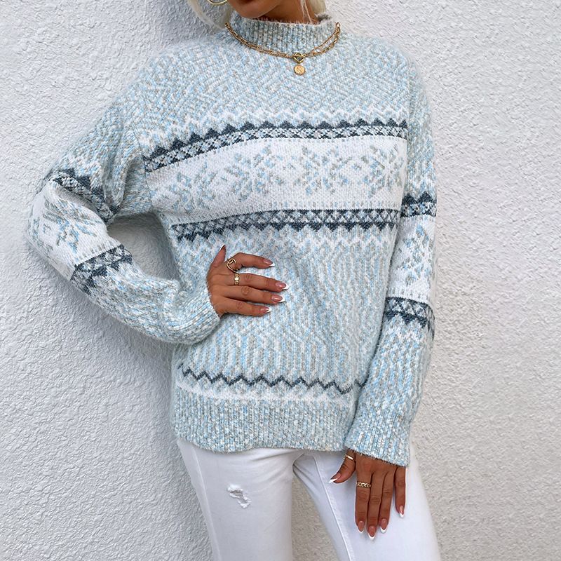 Women's Knit Sweater Winter Snowflake Pattern Semi-Turtleneck Pullover Comfortable Casual Long Sleeve Top_ecoleips.com