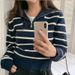 Contrasting Autumn Retro Temperament Semi-Zip Navy Collar Loose Casual Versatile Long-Sleeved Striped Knit Sweater_ecoleips.com