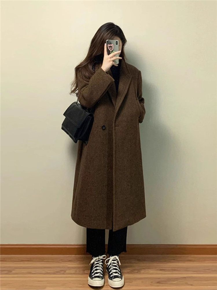 Women's Korean Style Suit Collar Woolen Overcoat High End Autumn Winter Fashion Mid Length Over The Knee Coat_ecoleips.com
