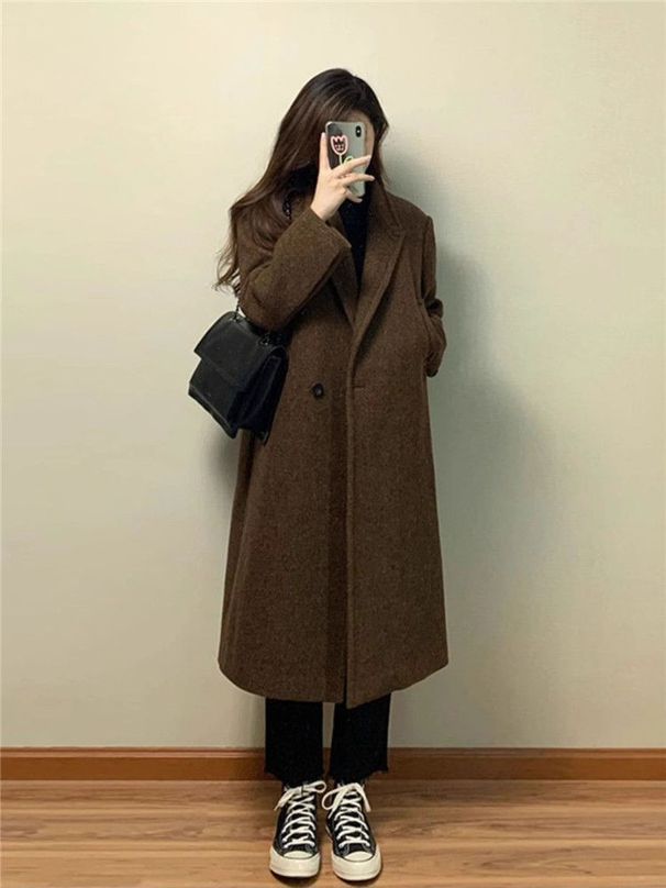 Women's Korean Style Suit Collar Woolen Overcoat High End Autumn Winter Fashion Mid Length Over The Knee Coat_ecoleips.com