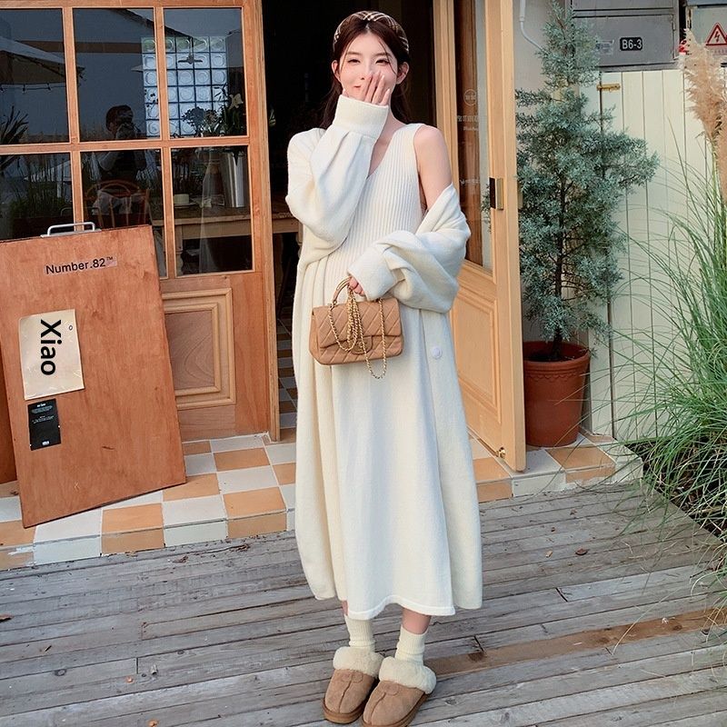 Autumn Winter New Korean Fashion Knitted Cardigan + Camisole Dress Two-Piece Set For Pregnant Women_ecoleips.com