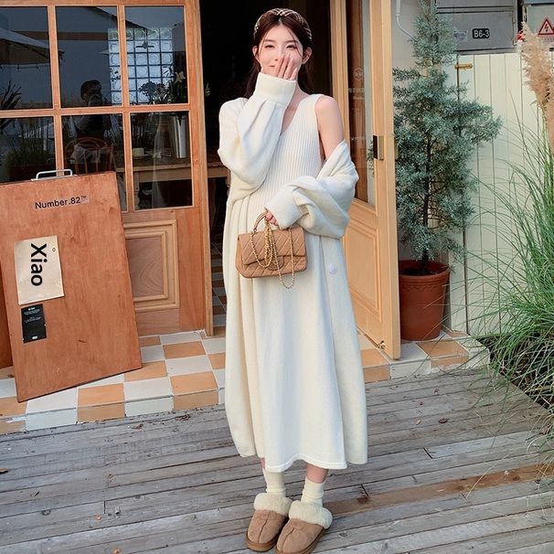 Autumn Winter New Korean Fashion Knitted Cardigan + Camisole Dress Two-Piece Set For Pregnant Women_ecoleips.com