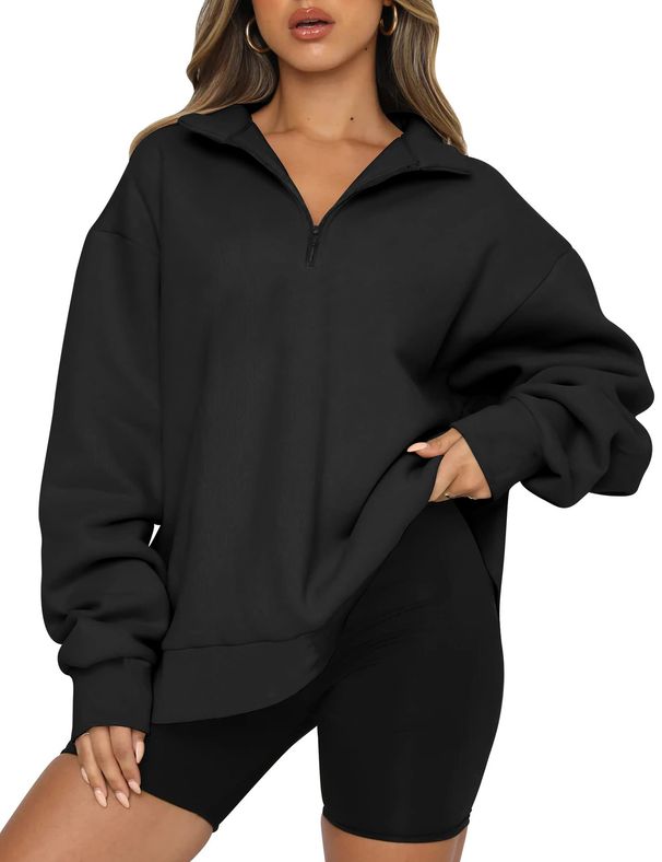 Voya Women's Quarter Zip Oversized Sweatshirt – Khaki Long Sleeve Pullover, Casual Loose Fit, EU Autumn Winter Loungewear Top_ecoleips.com