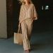 New 3D Striped V Neck Wide Leg Pants Set for Women Fashionable Casual Two Piece Set Cross Border Style for Vacation_ecoleips.com