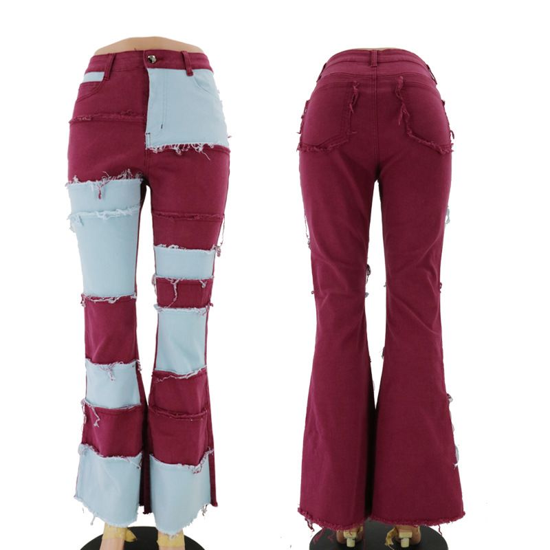 Women's Clothing Autumn New Fashion Contrast Patchwork High Waist Tight Hip Flared Women's Denim Trousers_ecoleips.com