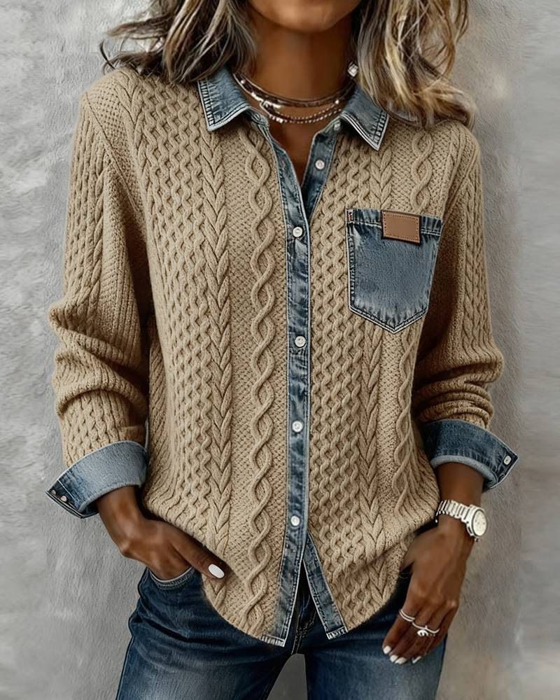Women's Knitted Patchwork Denim Shirt Long Sleeved Cardigan Coat Autumn Winter Fashionable Versatile American Style_ecoleips.com