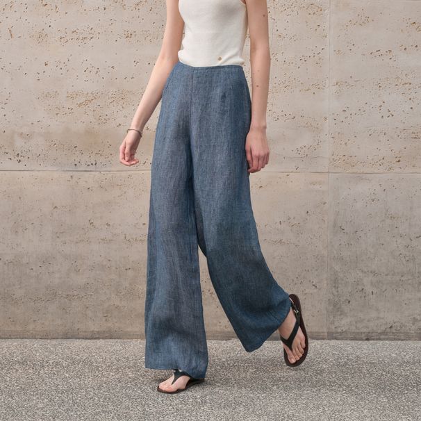 Women's Pure Linen Yarn Dyed Long Pants Spring Fashionable Versatile Loose Fitting Floor Length Wide Leg Slimming Pants 2026_ecoleips.com