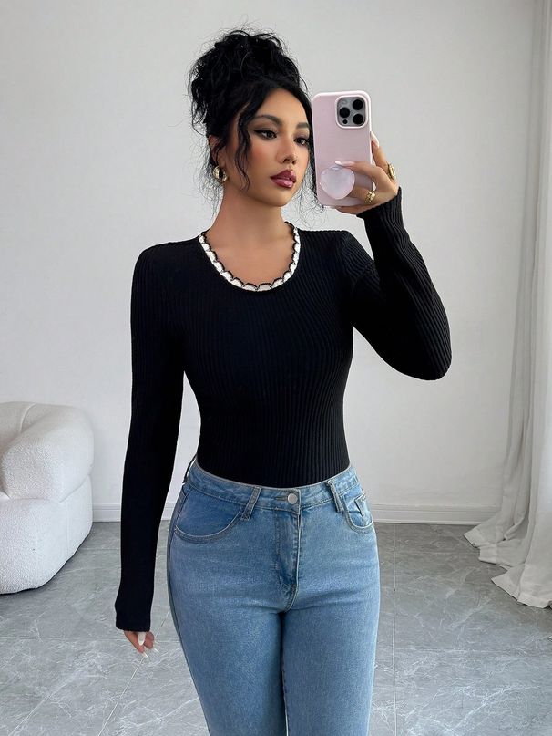 Women's Knitted Long Sleeve Top Black Patchwork Lace Trim Fitted Textured Ribbed European American Style Spring_ecoleips.com
