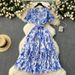 Slimming Design One-Piece V-Neck Tie Waist Short Sleeve Floral For Women Summer Elegant French Style Long Dress_ecoleips.com