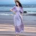 Ethnic V-neck Cotton Short Sleeve French Thai Style For Women Summer Printed Pastoral Dress Vacation Outfit_ecoleips.com