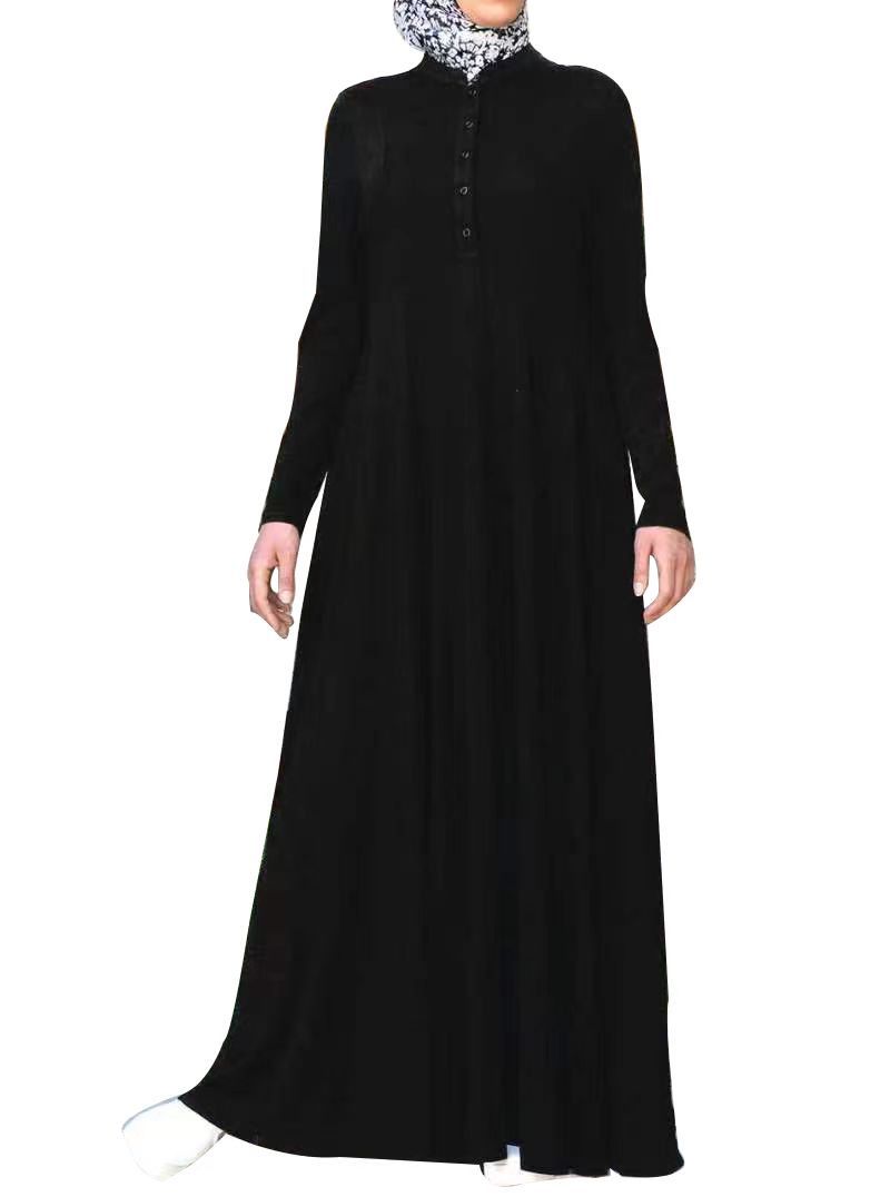 Cross-border Arab Robe, Middle Eastern Foreign Trade Women's Solid Color Single-breasted Pullover Long-sleeve Dress_ecoleips.com