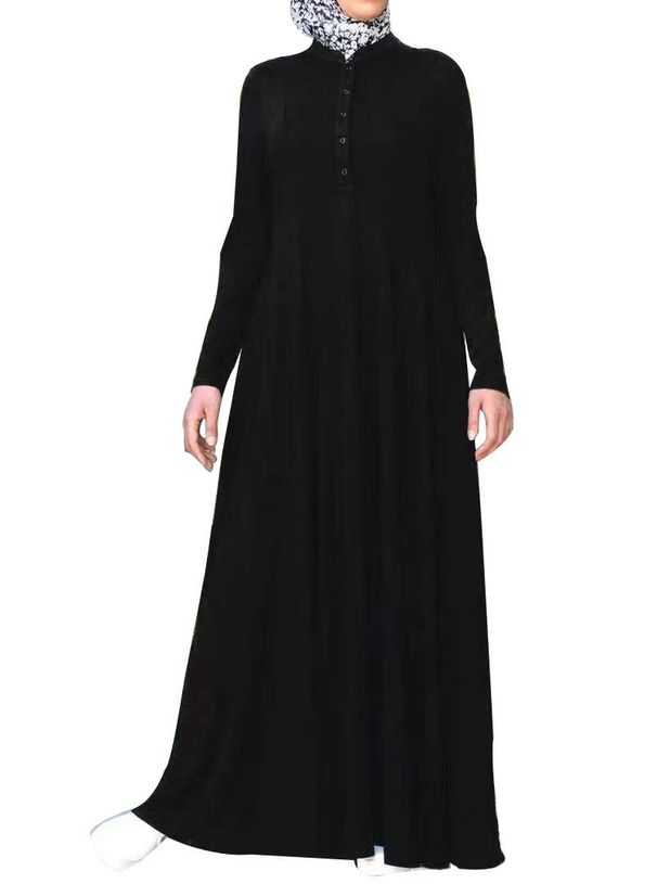 Cross-border Arab Robe, Middle Eastern Foreign Trade Women's Solid Color Single-breasted Pullover Long-sleeve Dress_ecoleips.com