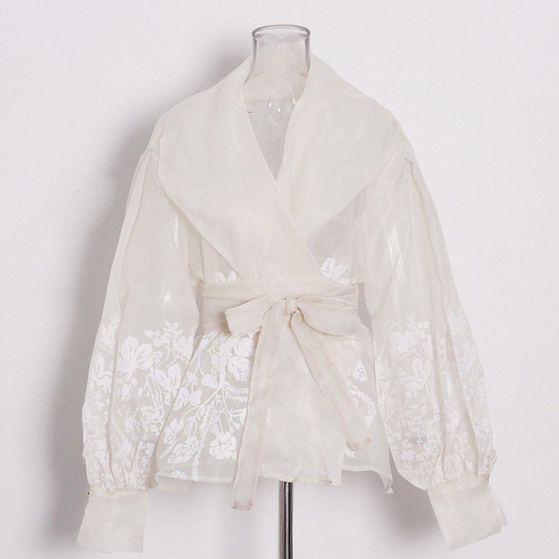 K Elegant Printed Top With Large Lapel And Lantern Sleeves, Cinched Waist And Lace Up Shirt For Women_ecoleips.com