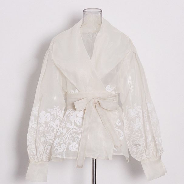 K Elegant Printed Top With Large Lapel And Lantern Sleeves, Cinched Waist And Lace Up Shirt For Women_ecoleips.com