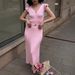 Women's Clothing Elegant V Neck Knitted Midi Skirt Set With Flutter Sleeve Top And Long Skirt Style Summer For Formal & Casual_ecoleips.com