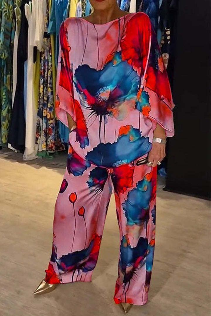 Elegant Satin One-Shoulder Loose Batwing Sleeve Floral Print Drawstring Pants – Stylish & Comfortable Women's Trousers For Casual & Office Wear_ecoleips.com