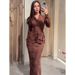 Vintage-Inspired Long Sleeve Dress - Elegant V-Neck Floral Print Midi Dress With Button Detail (Dark Brown, S-XXL)_ecoleips.com